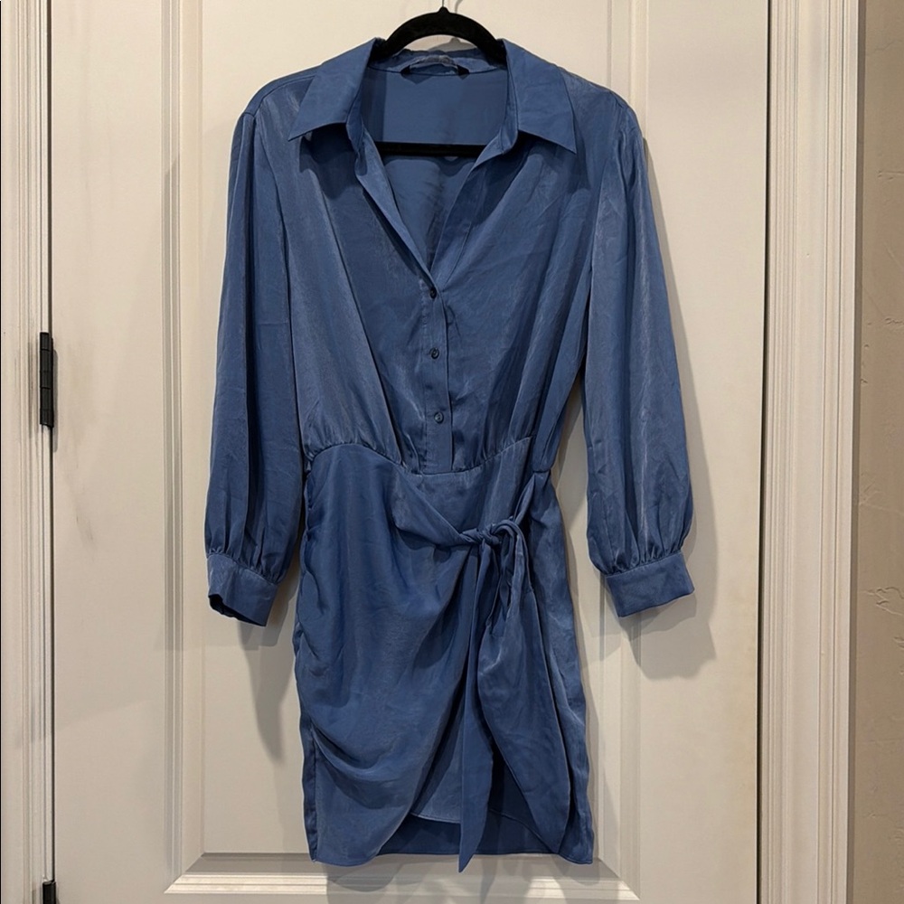 Zara Elegant Blue silky metallic Women's wrap Dress size medium